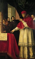 Michelangelo presenterer modeller for fasaden til San Lorenzo, det Laurentianske biblioteket og Medici-gravene til pave Leo X og kardinal Giulio de Medici