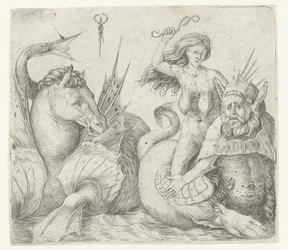 Gammel kvinne på baksiden av triton ved siden av hippocampus Fury på baksiden av triton