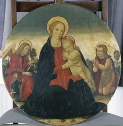 Madonna og barn med erkeengelen Raphael og St. John, ca. 1490 (tempera på poppeltre)