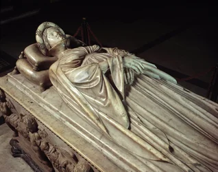 Ligger av Ilaria del Carretto (1379-1405), kone til Paolo Guinigi (1376-1432) italiensk politiker (Begravelsesmonument til Ilaria del Carretto, kone til Paolo Guinigi) Marmorskulptur av Jacopo della Quercia (1371 / 74-1438-) 14068 1407 Lucca (Lucca), kated