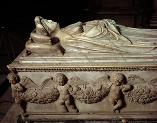 Ligger av Ilaria del Carretto (1379-1405), kone til Paolo Guinigi (1376-1432) italiensk politiker (Begravelsesmonument til Ilaria del Carretto, kone til Paolo Guinigi) Marmorskulptur av Jacopo della Quercia (1371 / 74-1438-) 14068 1407 Lucca (Lucca), kated