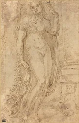 Allegorisk figur med en katt og en gris, ca. 1530 (penn- og blekktegning)