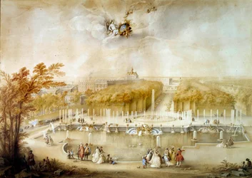 Perspektivutsikt over hagene og parterrene du Nord og slottet i Versailles tatt fra Neptun-bassenget Maleri a la gouache av Jacques Andre Porte (1695-1759) Søn. 0,51x0,72 m Versailles, slottets miuse