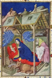 MS 11060-11061 Hours of Notre Dame: Prime, The Birth of Christ, fra Tres Riches Heures du Duc de Berry, tidlig 1400-talls vellumdetalj av 67618
