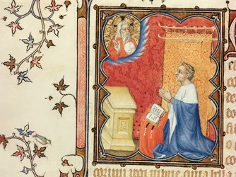 Ms Lat 18014 Jean de France (1340-1416) hertug av Berry ber foran den evige far, fra Les Petites Heures de Duc de Berry, ca. 1385-90