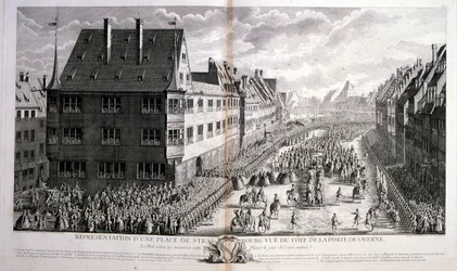 Illustrasjon fra 1700-tallet av Ludvig XV, konge av Frankrike, regjerte 1715–1774, bearbeidet gjennom Rue de Strasbourg, Paris.