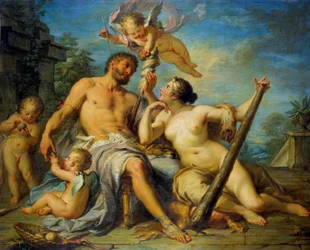Herkules og Omfale. Herkules (Herakles) er forelsket i Omfale, som han er slave hos. Maleri av Jacques Dumont, kalt romeren (1701-1781). 1728. Mål: 1,33 x 1,67 m. Tours, Kunstmuseet