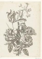 Bukett med peoner, en tulipan og en brodiaea Diverse Fleurs mises en Boucquets (serietittel)