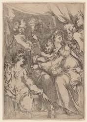 Den hellige familie med Saint Catherine, Saint John the Evangelist og en engel