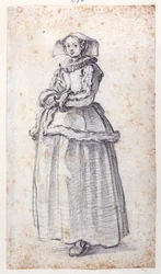 Figur med pelstrimmet kjole (svart kritt på papir)