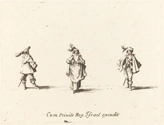 Dame med plymer og to herrer, sannsynligvis 1634.