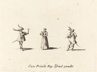 Dame med vinflaske og to herrer, sannsynligvis 1634.