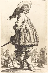Edel mann med mantel trimmet i pels, holder hendene bak ryggen, ca. 16201623.