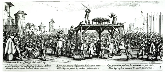 The Wheel, plate 14 fra 'The Miseries and Misfortunes of War', gravert av Israel Henriet (ca. 1590-1661) 1633