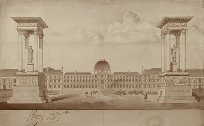 Plan for the monuments commemorating 14th July and 10th August, to be placed at Place du Carrousel (pen & ink on paper)