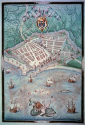 Utsikt over byen Le Havre Page hentet fra "" Les Premieres Works de Jacques Delvaux Pilot en la Marine"" av Jacques Delvaux (1500-tallet)