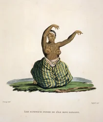 Dansende kvinne fra øya Maui, på Hawaii-øyene, gravert av Parfait Augrand (f.1782)
