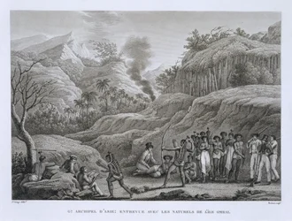 Great Asian Archipelago: Franske oppdagere med innfødte på øya Ombai, fra Voyage Autour du Monde (1817-20), av Louis Claude De Saulces de Freycinet (1779-1842) gravert av Bovinet, utgitt