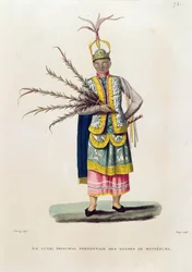 Island of Guam: Hovedperson fra dansene til Montezuma, fra "Voyage Around the World on the Corvettes of Urania 1817-20" gravert av Roger, utgitt 1825