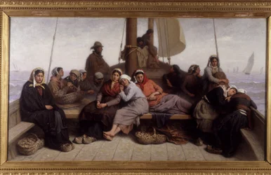 Østersfiske på dekket av en båt - Maleri av Eugene Feyen (1815-1908), n.d.