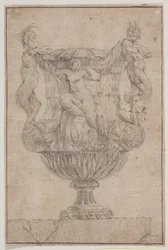 Dekorativ vase med Pan, faun og nymfe. Kopi etter Pl. 14 i suiten med vaser designet av Saly i 1746. "Vasa a se inventa..."