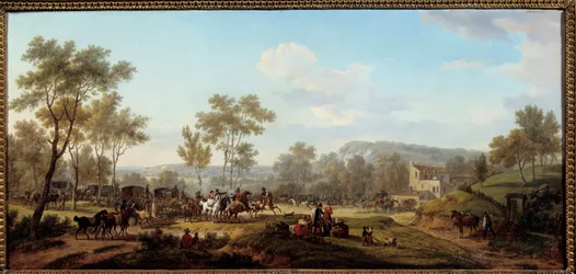 Et løp i nærheten av Longchamps Attelages og ryttere på landsbygda i Paris. Maleri av Jacques Francois Joseph Swebach Dit Fontaine (eller Desfontaines