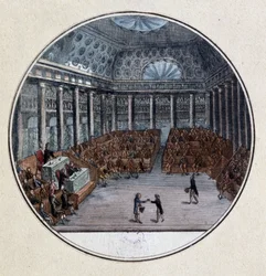Tredjestandens statskupp: «Kommunenes deputerte konstituerte seg alene som Nasjonalforsamlingen mot ønsket til adelens og geistlighetens deputerte, som møttes i to kamre 17. juni 1789.» Stikk ved Jacques-François Joseph Swebach