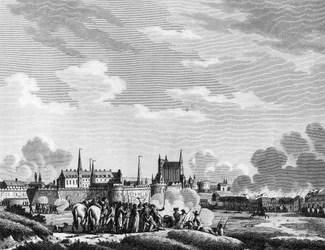 Fransk revolusjon: Angrep av Nantes av Vendeens 29. juni 1793. Gravering av Berthaut etter Swebach Paris, biblioteket ved Institutt for revolusjonshistorie