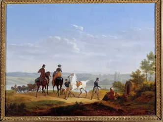 Landskap med figurer og ryttere maleri av Jacques Francois Joseph Swebach