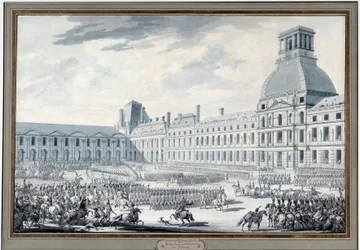 Revue des troupes av Napoleon Bonaparte (1769-1821) ved Tuileriene Gravering av Jacques Swebach dit Fontaine (1769-1823) Paris fra 1800-tallet, Musee Carnavalet