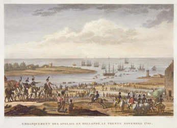 The Embarkation of the English in Holland, 30. november 1799, gravert av Louis Francois Couche (1782-1849) (akvatint)