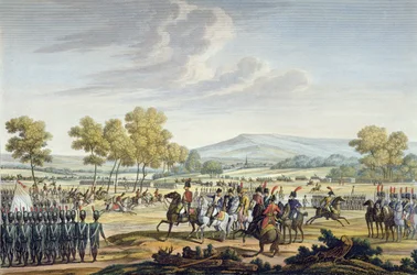 Den keiserlige garde manøvrerer i nærvær av de to keiserne ved Tilsit, 28. juni 1807, gravert av Edme Bovinet (1767-1832) (akvatint)