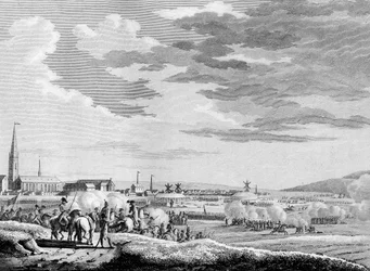 Den franske revolusjonskrig og antirevolusjonære bevegelser: Fransk seier i slaget ved Hondschoote nær Dunkerque mot de britiske og østerrikske antirevolusjonære troppene i 1793. Gravering av Berthaut etter Swebach. Paris, instituttets bibliotek