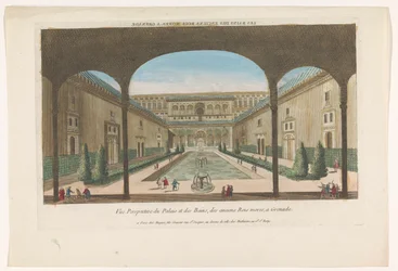 Utsikt over en gårdsplass med fontener av Alhambra i Granada Les bains des enciens rois Mores, en granat (tittel på objekt)