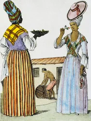 Blomsterhandlere i Santo Domingo, fargegravering fra en tegning av Labrousse (aktiv 1796), fra Encyclopedie des Voyages, av Jacques Grasset de Saint-Sauveur (1757-1810)