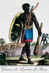 Kriger fra Benin Afrika, gravering fra Travelling encyclopaedia