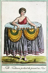 Ung kvinne tilbyr gaver til kongen, Tahiti, Society Islands, gravering fra Encyclopedia of voyages, av Jacques Grasset de Saint-Sauveur (1757-1810)
