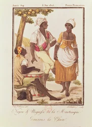 Svart mann og kvinne fra Martinique Dancing 'la Chica', gravert av Lachuassee, 1805