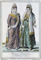 Europeiske kvinner i tyrkisk antrekk - i "" Encyclopédie des voyages"" av Grasset Saint Sauveur, red. Paris 1796