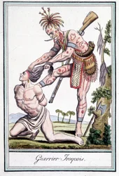 Iroquois-kriger skalperer fienden sin - i "" Encyclopedia of travels"" av Grasset St Sauveur, Paris