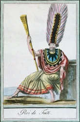 King of Tahiti, Society Islands, fargegravering fra tegning av Labrousse (aktiv 1796) fra Encyclopedie des Voyages av Jacques Grasset de Saint-Sauveur (1757-1810)