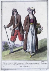 Bonde og bonde av Trieste, Italia, - i "" Encyclopedia of Travels"" av Grasset St Sauveur, Paris