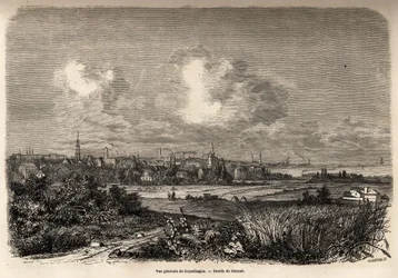 Generelt bilde av København, tegning av Jacques Guiaud (1810-1876), for å illustrere J.M.Dargauds reise til Danmark (1800-1860), i 1860. Gravering i "" Le tour du monde", redigert av Edouard Charton