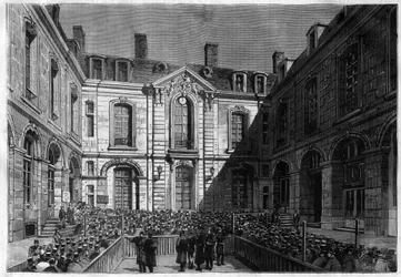 L'ISSUE DU CREDIT FONIER - Court of Credit Foncier i Paris en utstedelsesdag i 1883 - offentlig abonnement - basert på tegningen av Jacques Guiaud (1811-1876) 1883