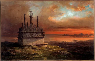 Golgata i Tronoen i solnedgangsmaleriet av Jacques Guiaud (1811-1876) Brest fra 1800-tallet, Musee des Beaux Arts