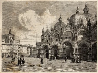 Torget og Markuskirken (Saint Mark), tegning av Jacques Guiaud (1810-1876), for å illustrere Adalbert de Beaumonts reise til Venezia, rundt 1850. Gravering i “” Le tour du monde””, redigert av Edouard Charton