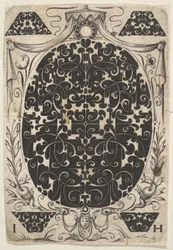 Ovalt anheng dekorert med Schweifwerk, omgitt av mindre motiver og kronet b..., ca. 1614-19.