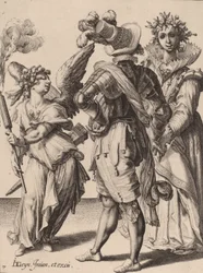 En amor med bind for øynene som holder en fakkel foran et par, tilskrevet Zacharias Dolendo, 1595-6 (gravering på lagt papir)