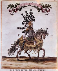 Manuscript of the Carousel 1662. The Duke of Guise in the American King, participating in the Carrousel of 1662 (feast held in Paris under the reign of Louis XIV). Illustration by Jacques I Bailly (1629 - 1679).