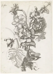 Tittelside med en bukett peoner, fra Diverses Fleurs mises en Bouquets, ca. 1670